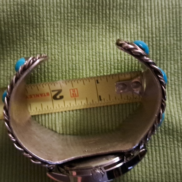 Native American Indian men's sterling turquoise cuff working watch 128 grams - Picture 5 of 9